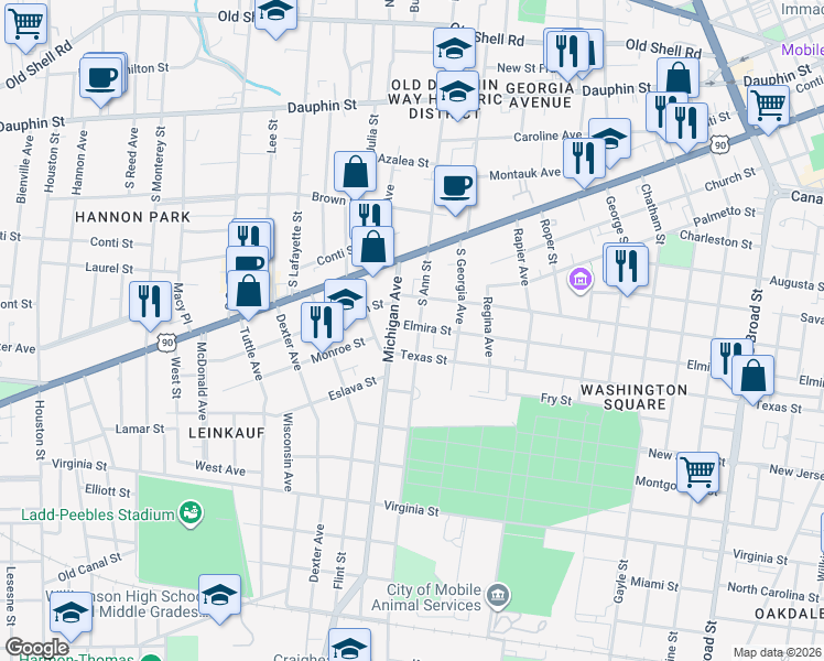 map of restaurants, bars, coffee shops, grocery stores, and more near 1261 Elmira Street in Mobile