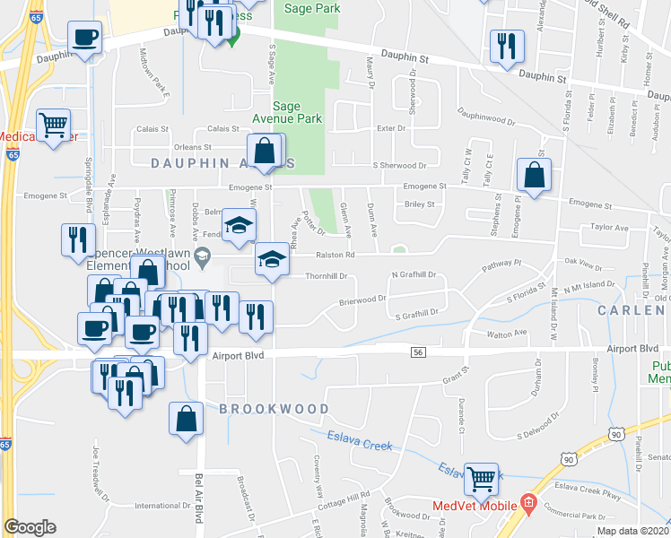 map of restaurants, bars, coffee shops, grocery stores, and more near 2858 Thornhill Drive in Mobile