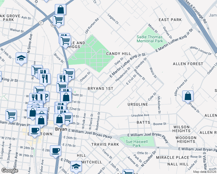 map of restaurants, bars, coffee shops, grocery stores, and more near 802 Henderson Street in Bryan