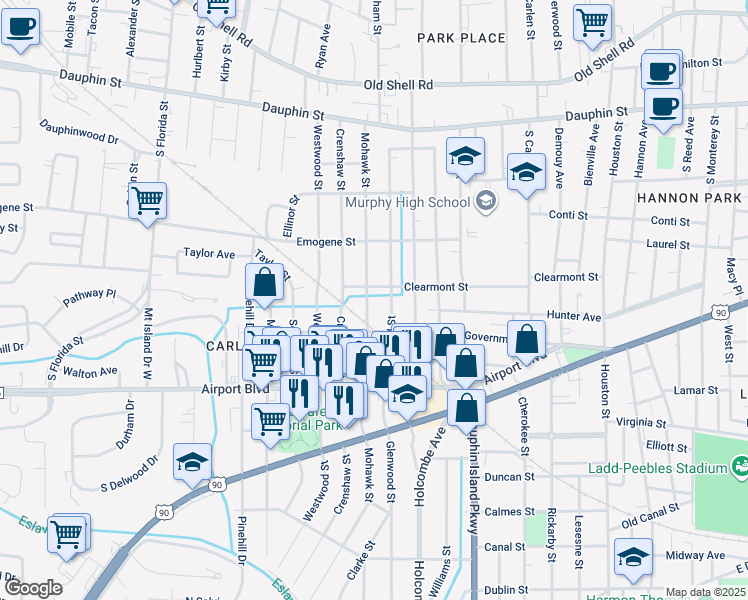 map of restaurants, bars, coffee shops, grocery stores, and more near 208 Mohawk Street in Mobile