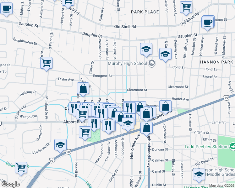 map of restaurants, bars, coffee shops, grocery stores, and more near 206 Mohawk Street in Mobile