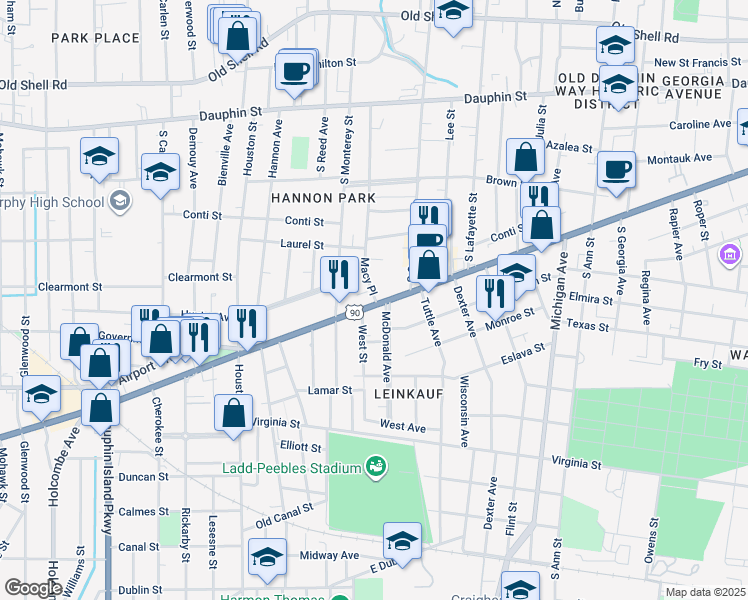map of restaurants, bars, coffee shops, grocery stores, and more near 1600 Government Street in Mobile