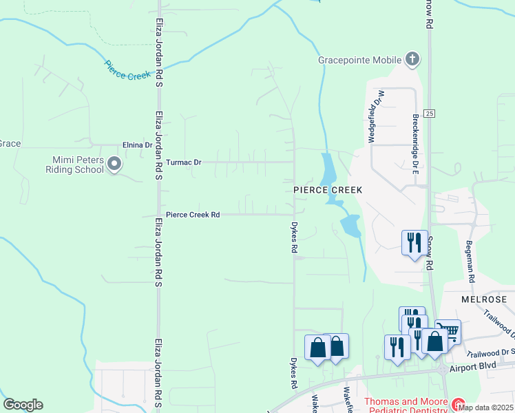 map of restaurants, bars, coffee shops, grocery stores, and more near 10330 Pierce Creek Road in Mobile