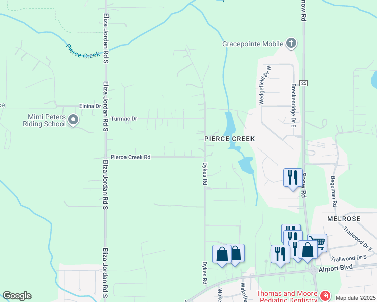 map of restaurants, bars, coffee shops, grocery stores, and more near 10300 Pierce Creek Road in Mobile