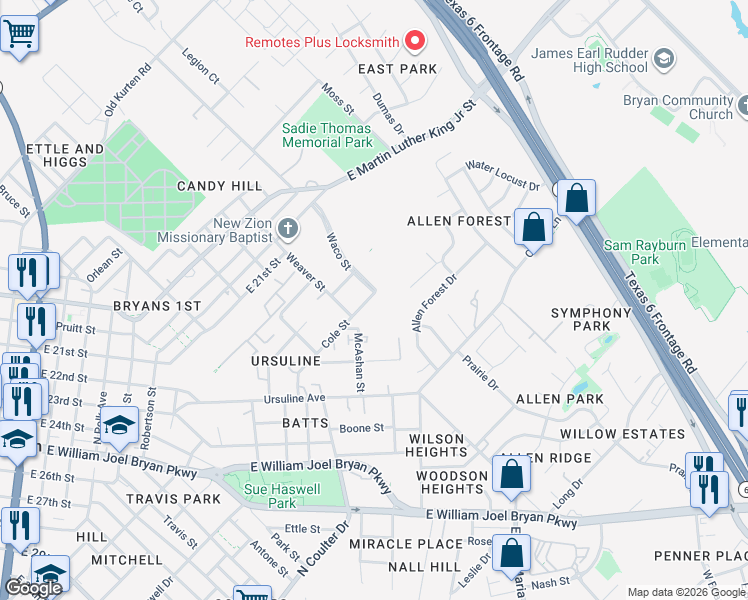 map of restaurants, bars, coffee shops, grocery stores, and more near 1004 Cole Street in Bryan