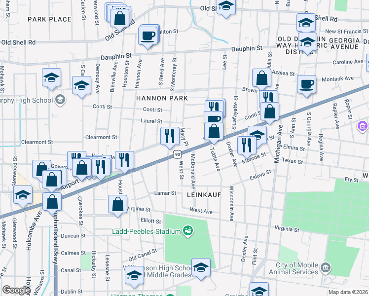 map of restaurants, bars, coffee shops, grocery stores, and more near in Mobile