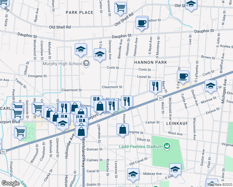 map of restaurants, bars, coffee shops, grocery stores, and more near in Mobile