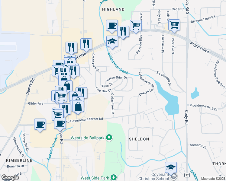 map of restaurants, bars, coffee shops, grocery stores, and more near Cedar Tree Lane in Mobile