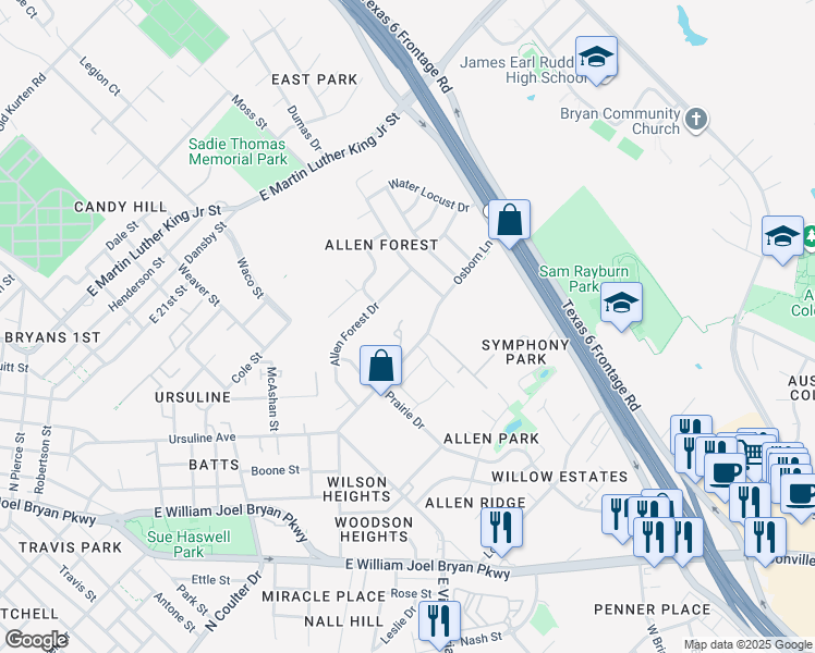 map of restaurants, bars, coffee shops, grocery stores, and more near 2727 Osborn Lane in Bryan