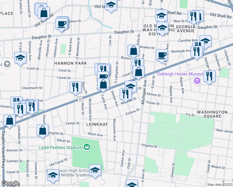 map of restaurants, bars, coffee shops, grocery stores, and more near 1454 Church Street in Mobile