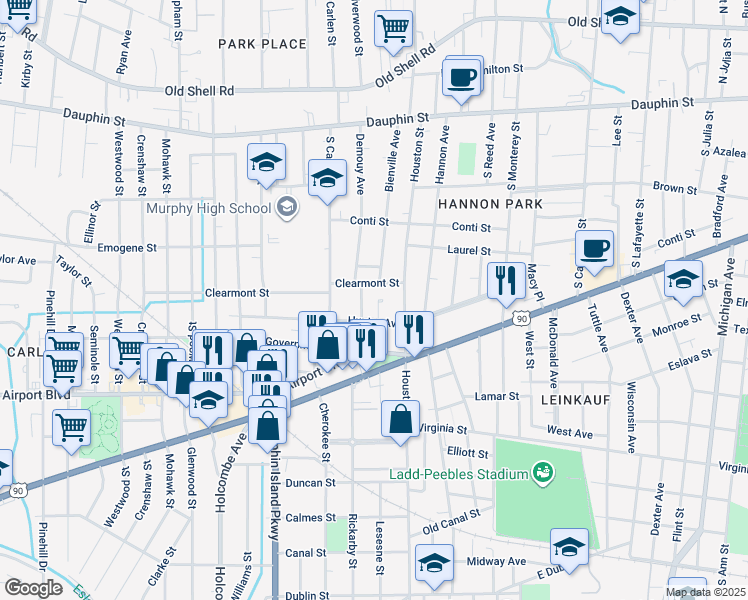 map of restaurants, bars, coffee shops, grocery stores, and more near in Mobile