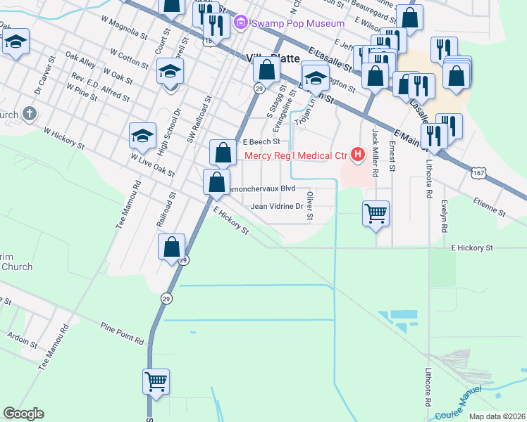 map of restaurants, bars, coffee shops, grocery stores, and more near 178-232 Progress Road in Ville Platte