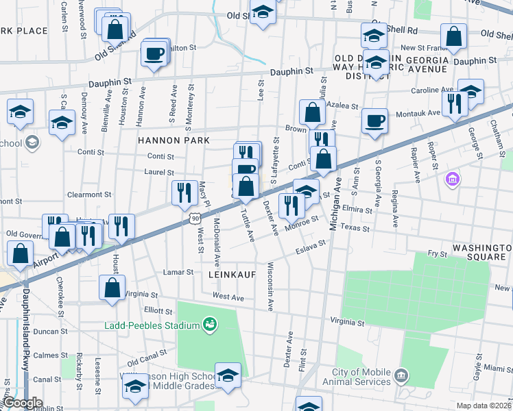 map of restaurants, bars, coffee shops, grocery stores, and more near 1506 Church Street in Mobile