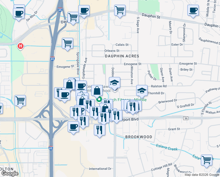 map of restaurants, bars, coffee shops, grocery stores, and more near Springdale Boulevard in Mobile