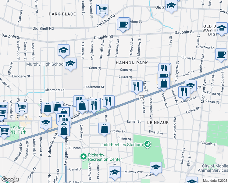 map of restaurants, bars, coffee shops, grocery stores, and more near 1742 Hunter Avenue in Mobile