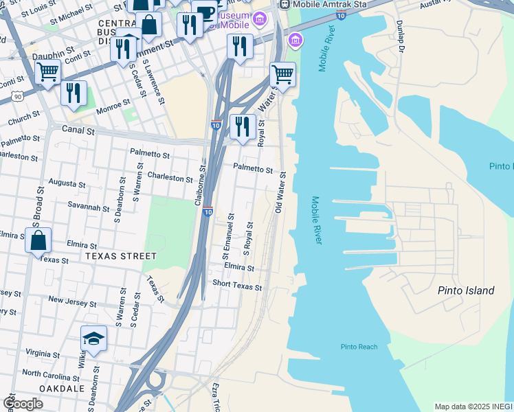 map of restaurants, bars, coffee shops, grocery stores, and more near 550-696 Old Water Street in Mobile