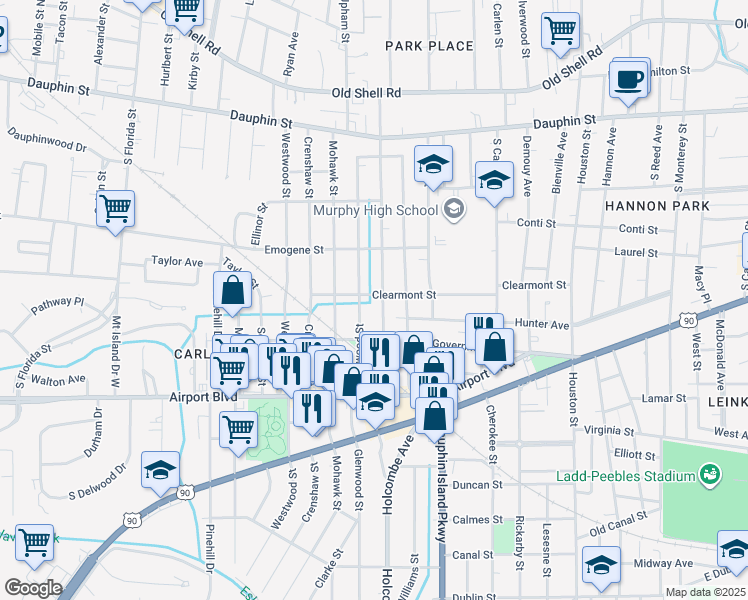map of restaurants, bars, coffee shops, grocery stores, and more near in Mobile