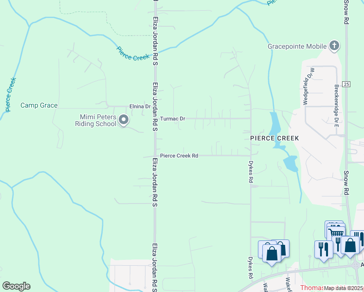 map of restaurants, bars, coffee shops, grocery stores, and more near 10300-10416 Pierce Creek Rd in Mobile