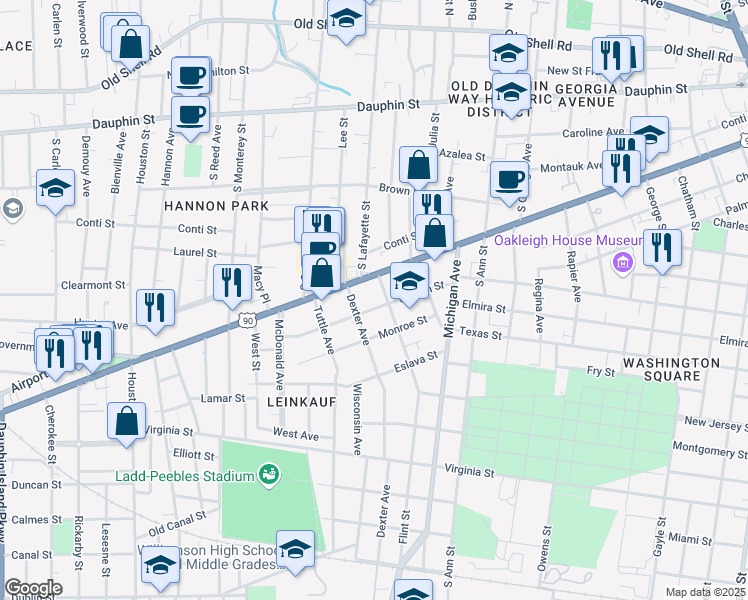 map of restaurants, bars, coffee shops, grocery stores, and more near 1454 Church Street in Mobile