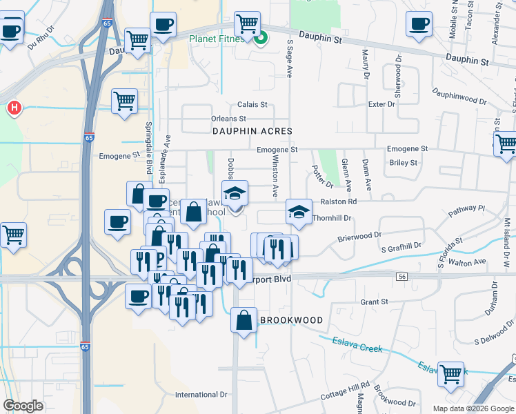 map of restaurants, bars, coffee shops, grocery stores, and more near 3061 Ralston Road in Mobile