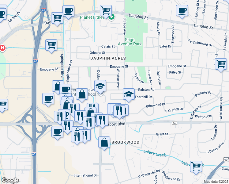 map of restaurants, bars, coffee shops, grocery stores, and more near 3055 Ralston Road in Mobile