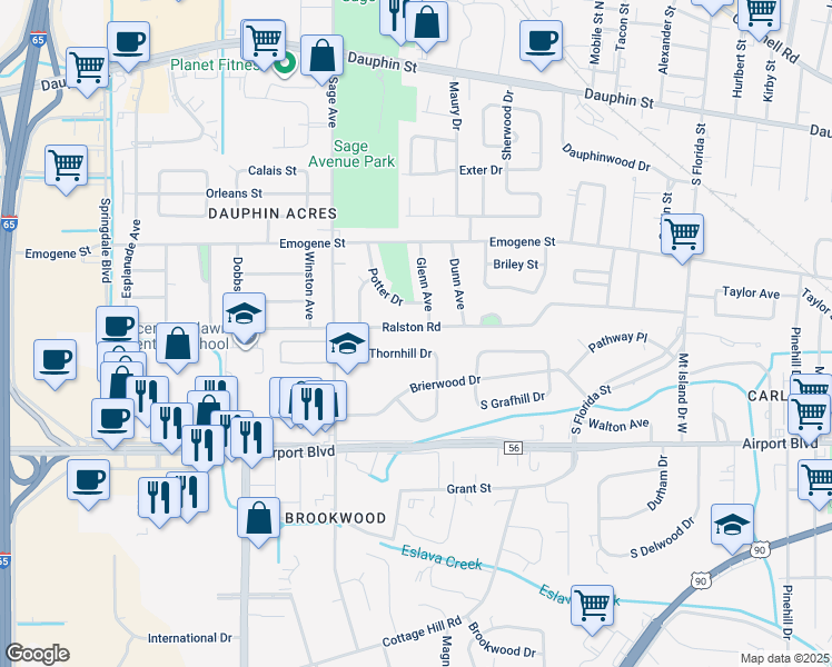 map of restaurants, bars, coffee shops, grocery stores, and more near 2858 Thornhill Drive in Mobile
