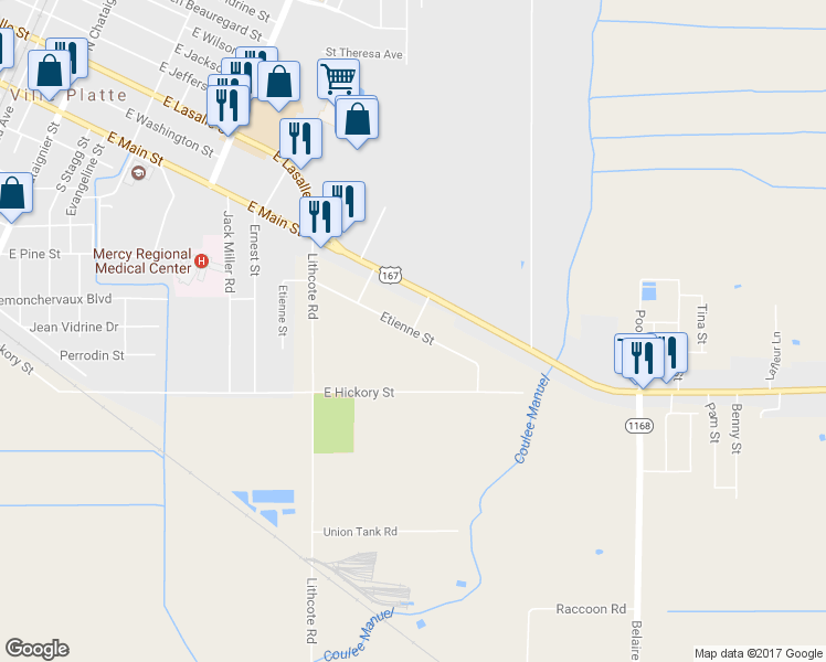 map of restaurants, bars, coffee shops, grocery stores, and more near Etienne Street in Ville Platte