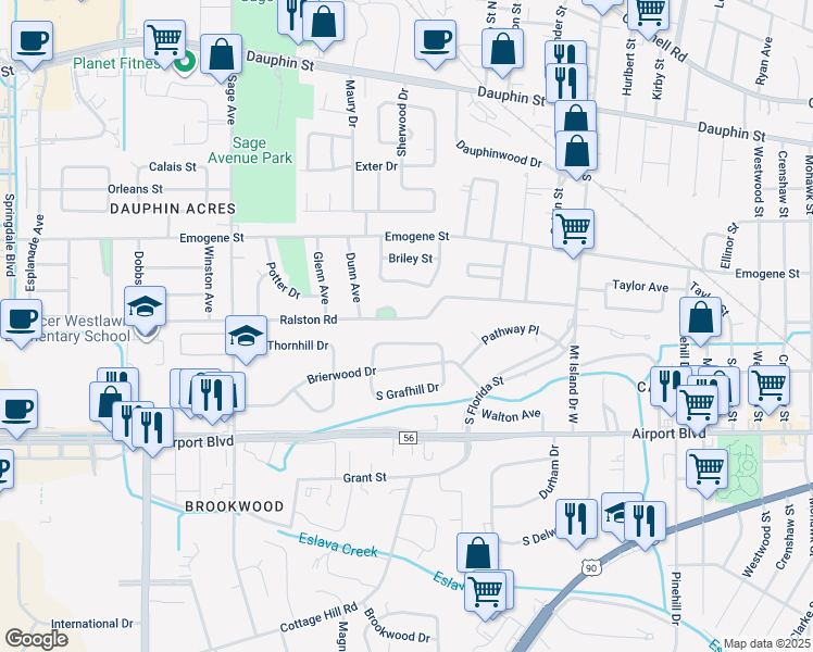 map of restaurants, bars, coffee shops, grocery stores, and more near 2719 Ralston Road in Mobile