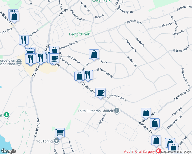 map of restaurants, bars, coffee shops, grocery stores, and more near 4121 Williams Drive in Georgetown