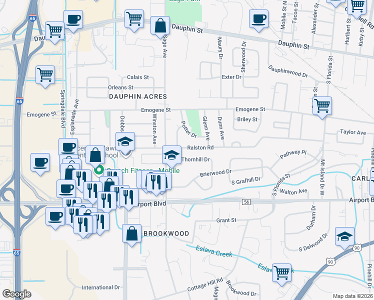 map of restaurants, bars, coffee shops, grocery stores, and more near 2902 Thornhill Drive in Mobile