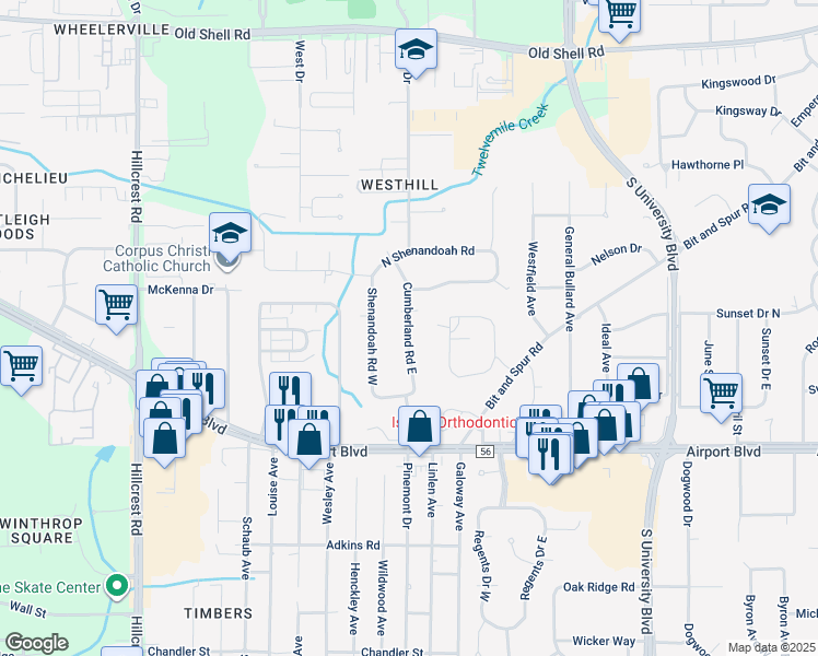 map of restaurants, bars, coffee shops, grocery stores, and more near East Cumberland Road in Mobile