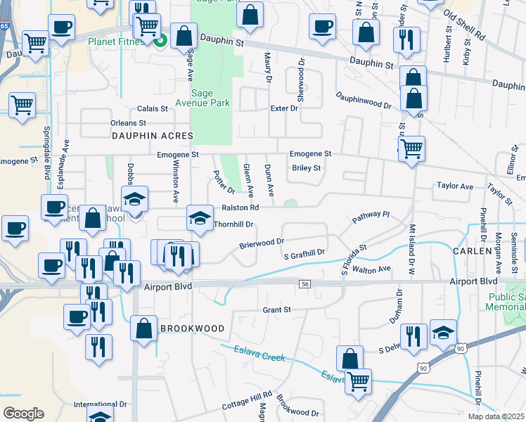 map of restaurants, bars, coffee shops, grocery stores, and more near 251 Thornhill Drive in Mobile