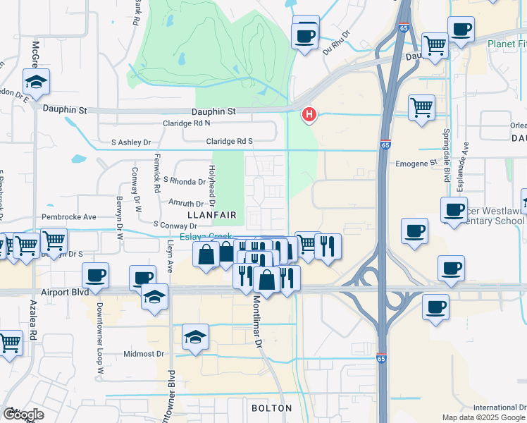 map of restaurants, bars, coffee shops, grocery stores, and more near 20 Oakvale Place in Mobile