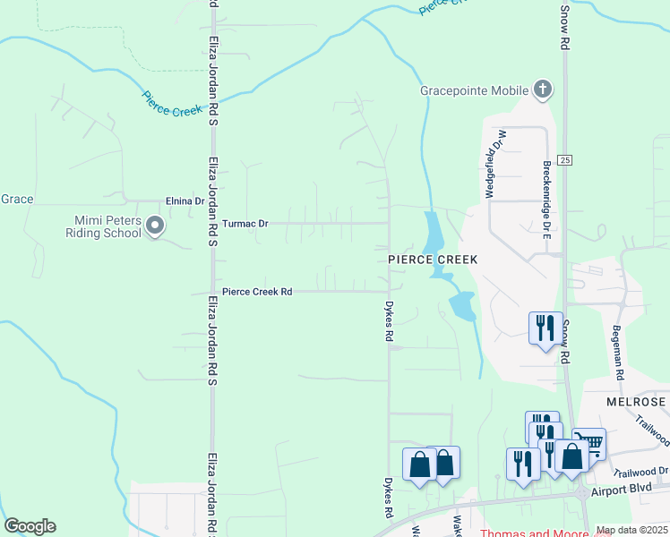 map of restaurants, bars, coffee shops, grocery stores, and more near 10330 Pierce Creek Road in Mobile