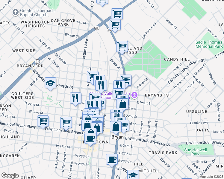 map of restaurants, bars, coffee shops, grocery stores, and more near 704 North Washington Avenue in Bryan