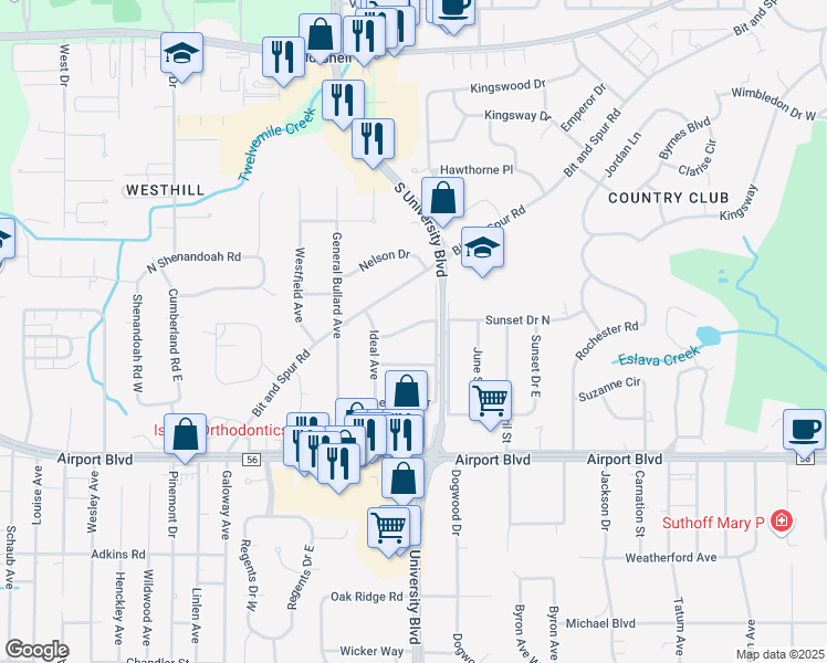 map of restaurants, bars, coffee shops, grocery stores, and more near 4657 Sunset Drive North in Mobile