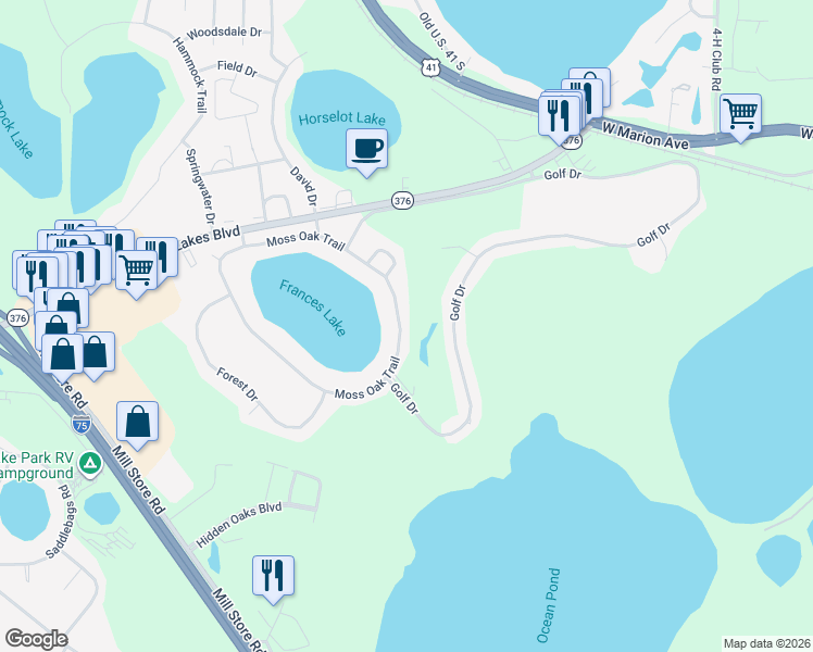 map of restaurants, bars, coffee shops, grocery stores, and more near 5323 Moss Oak Trail in Lake Park