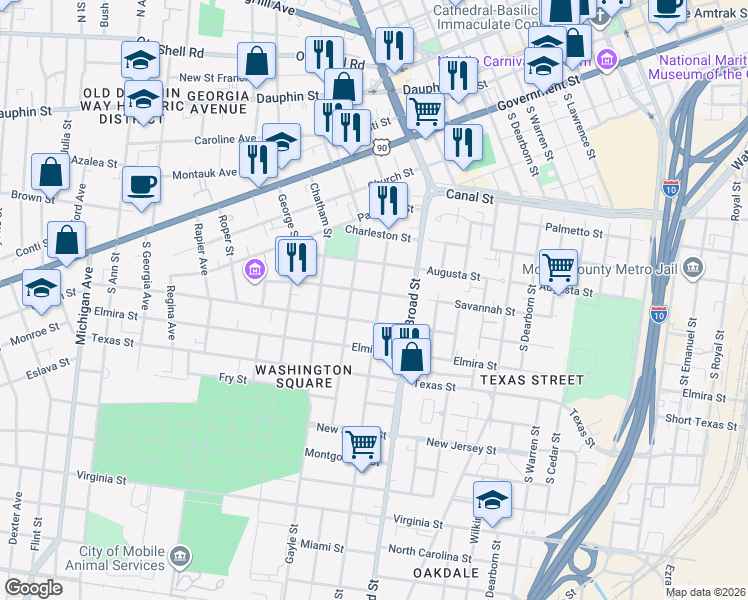 map of restaurants, bars, coffee shops, grocery stores, and more near 311 Charles Street in Mobile