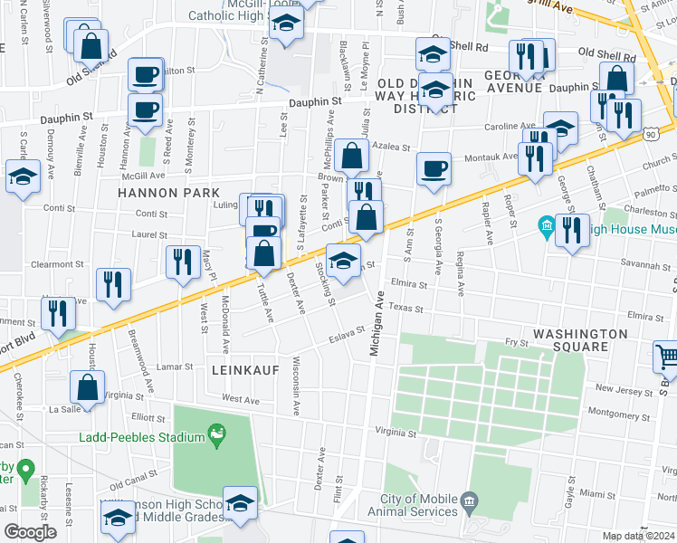 map of restaurants, bars, coffee shops, grocery stores, and more near 1412 Church Street in Mobile