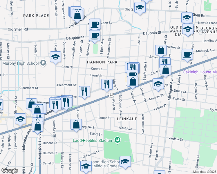 map of restaurants, bars, coffee shops, grocery stores, and more near 155 South Monterey Street in Mobile