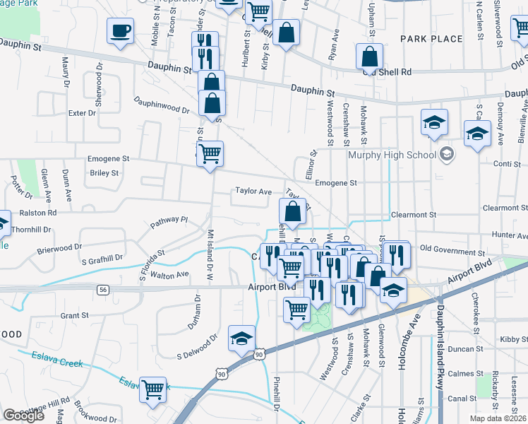 map of restaurants, bars, coffee shops, grocery stores, and more near 2453 Richard Avenue in Mobile