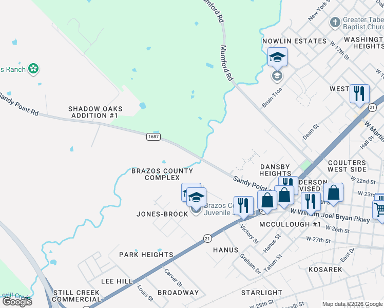 map of restaurants, bars, coffee shops, grocery stores, and more near 2355 Sandy Point Road in Bryan
