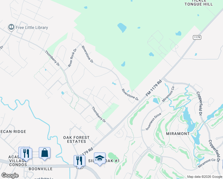 map of restaurants, bars, coffee shops, grocery stores, and more near 4686 River Garden Court in Bryan
