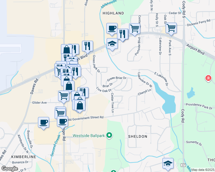 map of restaurants, bars, coffee shops, grocery stores, and more near Briar Drive in Mobile