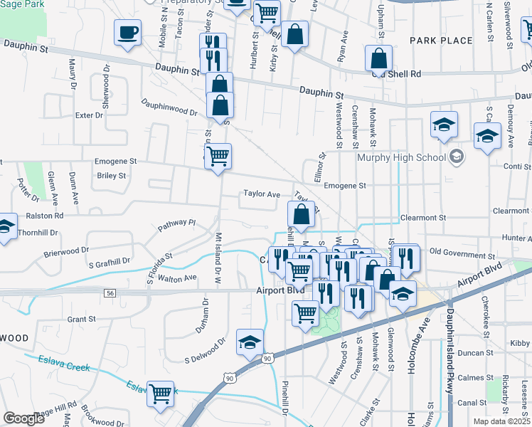 map of restaurants, bars, coffee shops, grocery stores, and more near 2453 Taylor Avenue in Mobile