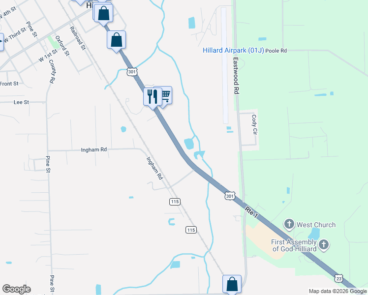 map of restaurants, bars, coffee shops, grocery stores, and more near 2189 North Kings Road in Hilliard