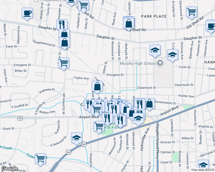 map of restaurants, bars, coffee shops, grocery stores, and more near 2306 Taylor Avenue in Mobile