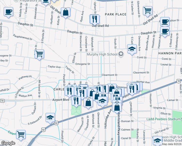 map of restaurants, bars, coffee shops, grocery stores, and more near 160 Mohawk Street in Mobile