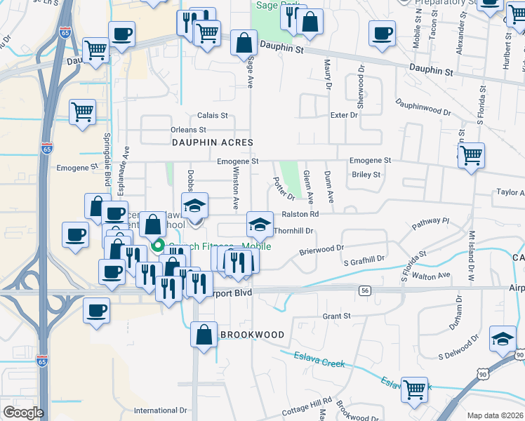 map of restaurants, bars, coffee shops, grocery stores, and more near 173 South Sage Avenue in Mobile