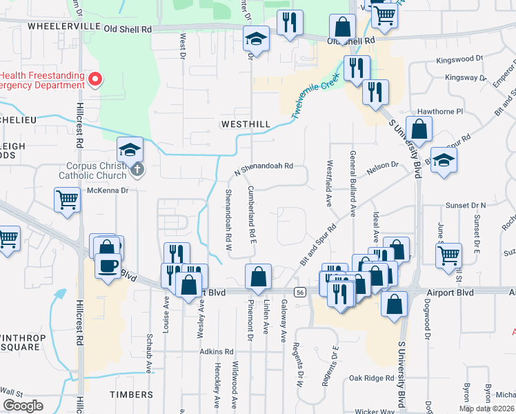 map of restaurants, bars, coffee shops, grocery stores, and more near 5963 Shenandoah Road South in Mobile